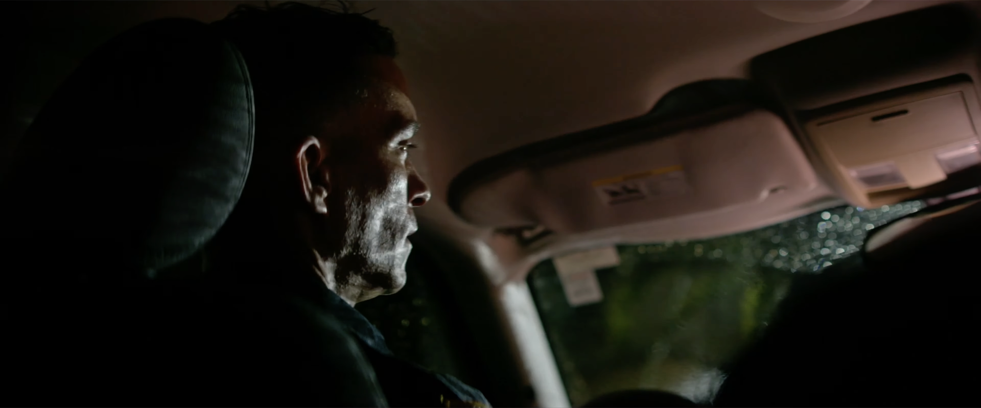A man in profile inside a car