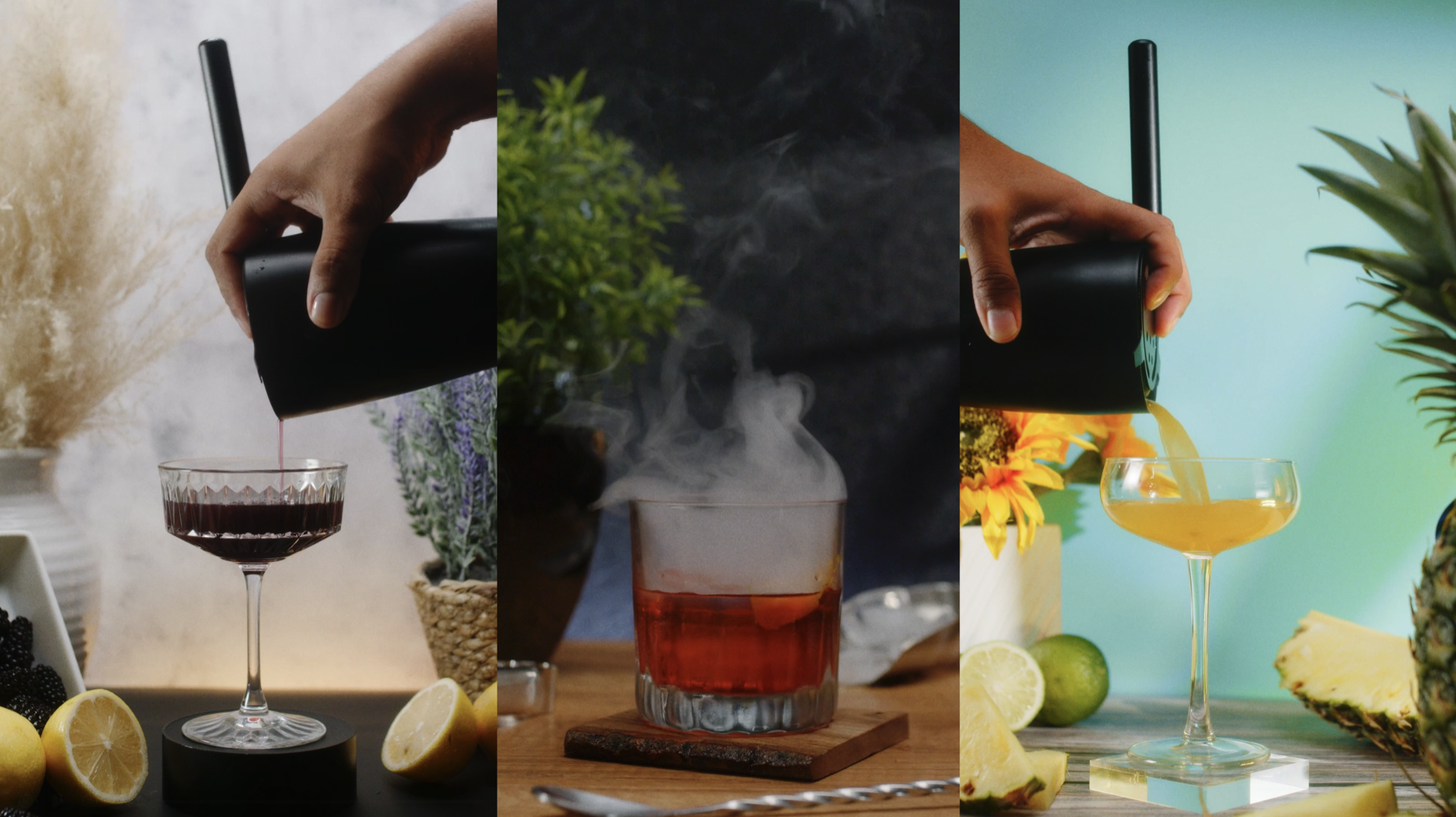 Three cocktails being poured